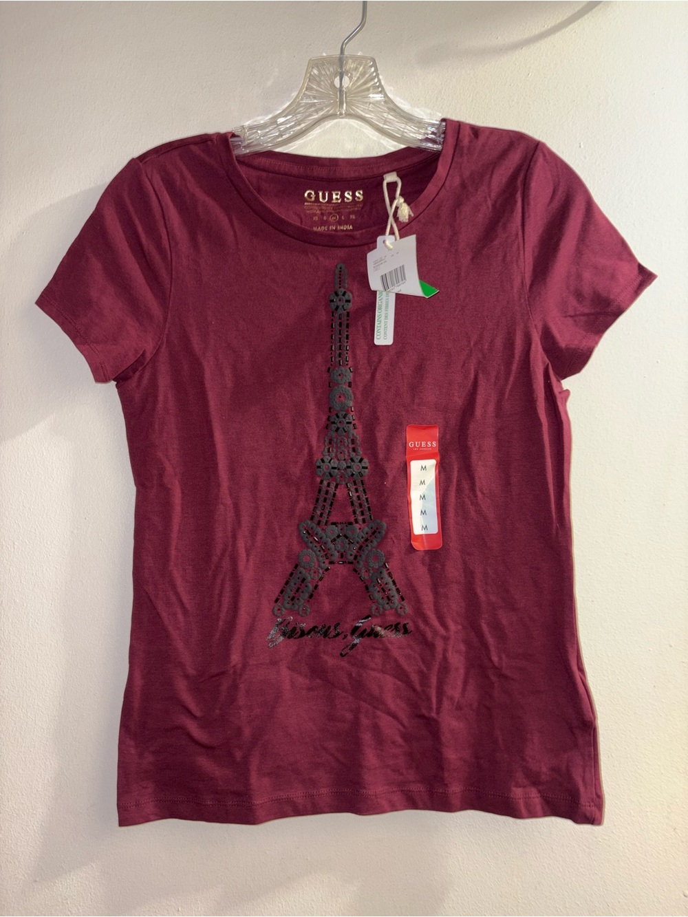 GUESS Burgundy Shirt Eiffel Tower Logo Short Sleeve Women's Size M NWT